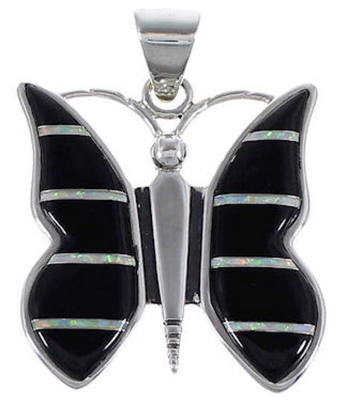 Genuine Sterling Silver Opal And Black Inlay Butterfly Pendant RS39285